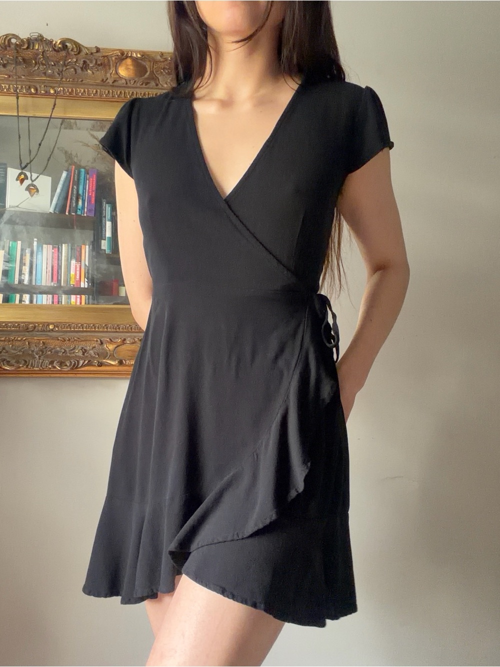 Classic Black Wrap Mini Dress with Ruffles | Size S